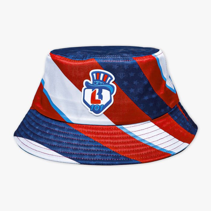 4th of July bucket hat in red, white, and navy blue diagonal stripes Baseball Lifestyle 101