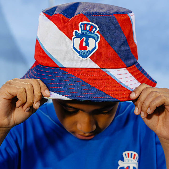 4th of July baseball bucket hat, red, white, and navy blue stripes with Baseball Lifestyle 101 patch