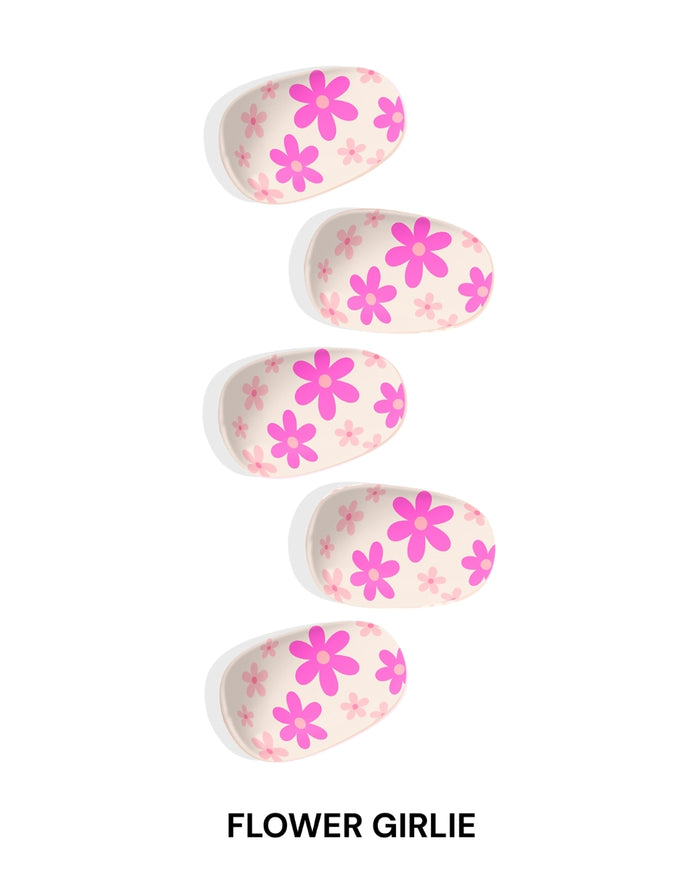 Eyecandys Flower Girlie Gel Nail Stickers design – Barbie-pink nails with clear floral accents, daisy motifs, Y2K-inspired, playful spring and summer nail art, 7-free allergy-friendly formula.