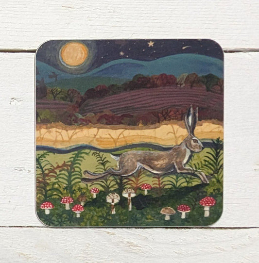 'Hare and Mushrooms' Square Coaster by Lizzie Spikes