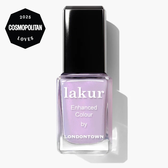 A bottle of LONDONTOWN Lakur Enhanced Colour nail polish in Honey Lavender, featuring a Cosmopolitan "Loves 2025" badge in the top left corner.