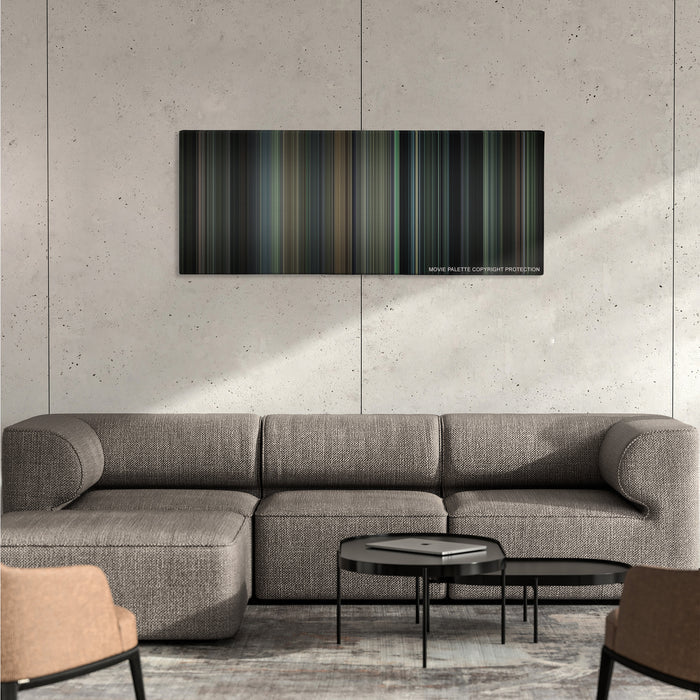 Inside Llewyn Davis color palette canvas on a concrete wall above a gray sectional sofa