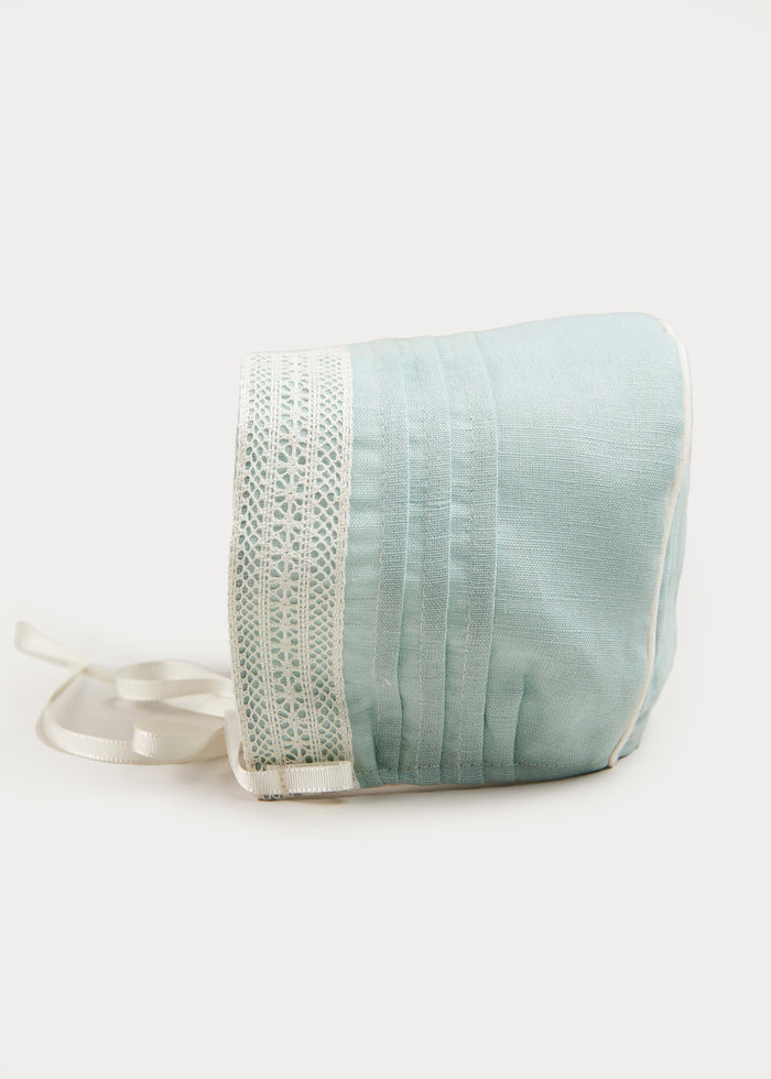 Lace Trim Linen Bonnet in Teal (3mths-2yrs) ACCESSORIES from Pepa London