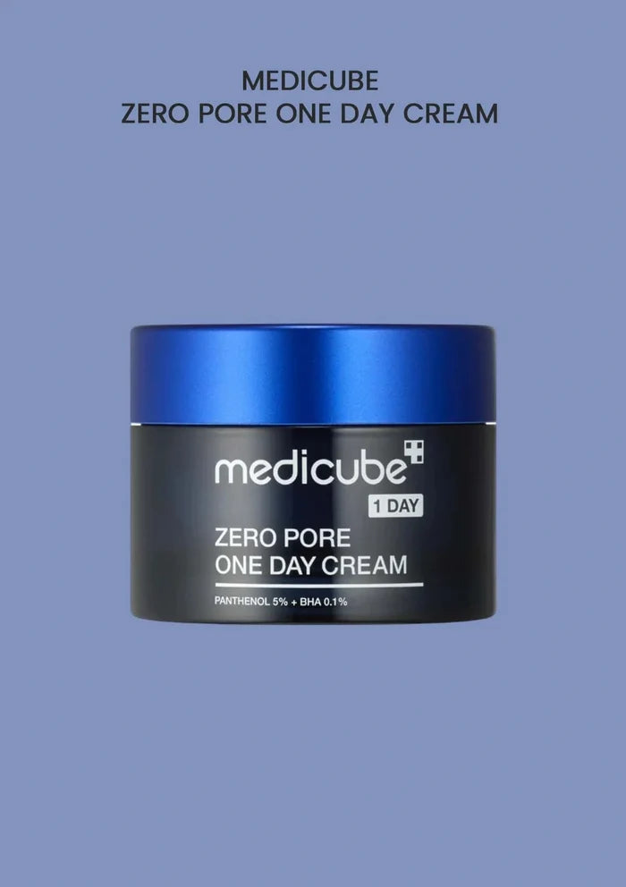 Jar of Medicube Zero Pore One Day Cream on a blue background