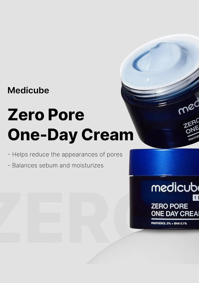Two jars of Medicube Zero Pore One-Day Cream on a light gray background