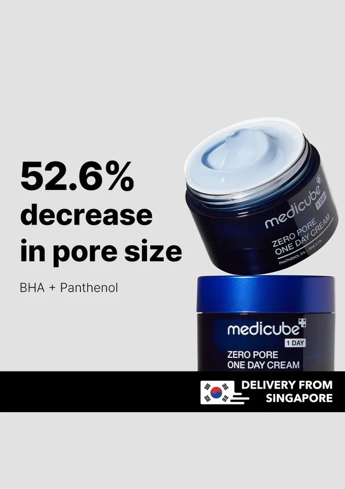 Medicube Zero Pore One Day Cream jar with text on a gray background