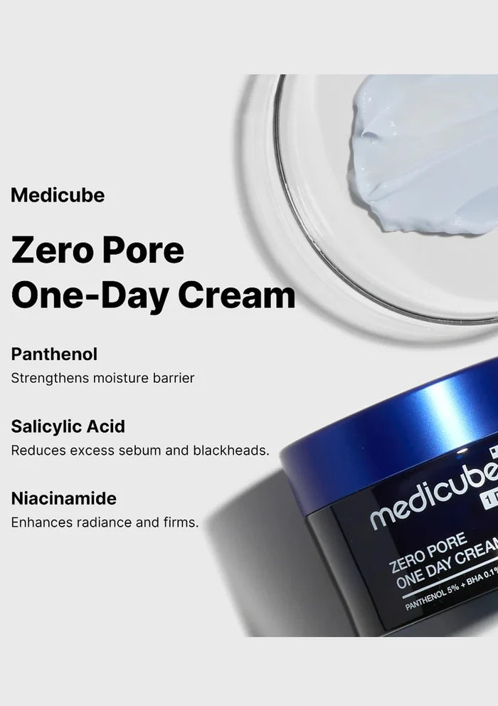 Medicube Zero Pore One-Day Cream jar with product details on a white background