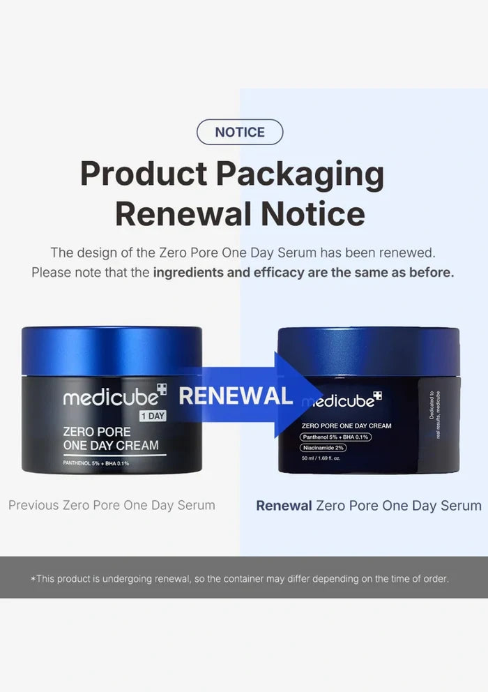 Product packaging renewal notice for Medicube Zero Pore One Day Serum with two jars shown.