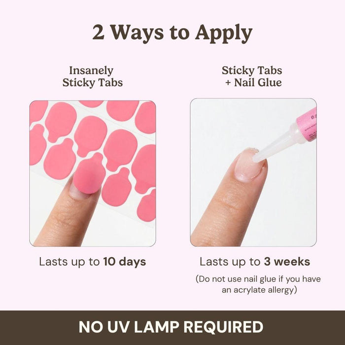 Reusable press on nails application guide showing insanely sticky tabs for 10 day wear and glue plus tabs for up to 3 weeks, no UV light needed.