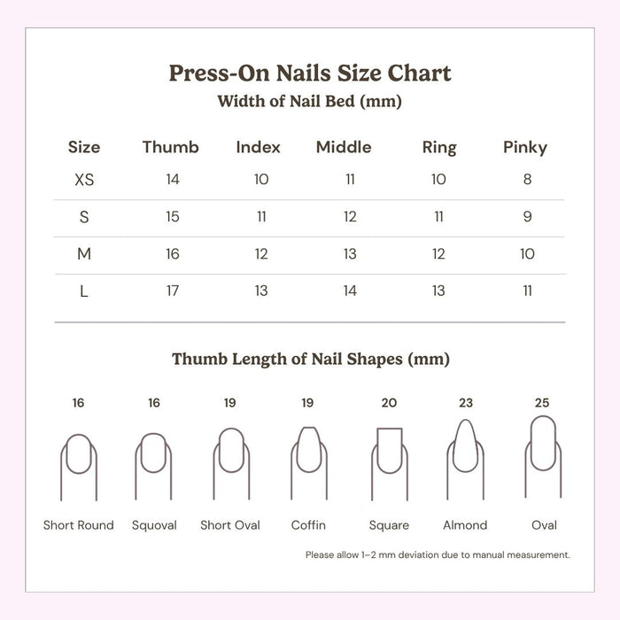 EyeCandys press on nails nail shapes guide featuring size chart and popular nail styles including oval, almond, coffin, square, and stiletto shapes.