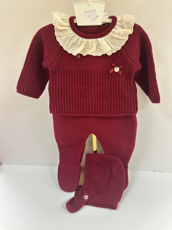 Mia Bella Burgundy Knitted Set with Bonnet
