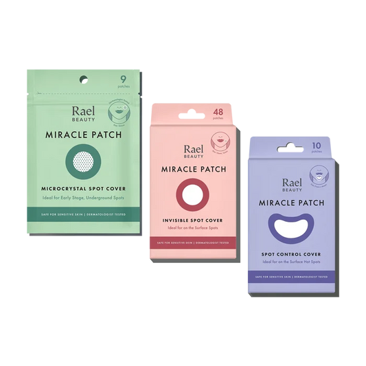 Three packages of Rael Miracle Patch types on a white background, including Microcrystal Spot Cover, invisible Spot Cover and Spot Control Cover.
