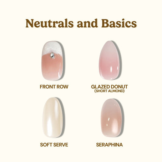 EyeCandys Neutrals & Basics Press-On Nail Set includes “Front Row” (pink ombré with rhinestone), “Glazed Donut” (glossy pale pink almond), “Soft Serve” (creamy off-white), and “Seraphina” (sheer pink) salon gel manicures.
