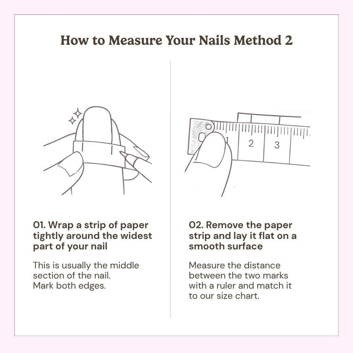 Illustrated guide showing how to measure your nails using a strip of paper, a pen, and a ruler or tape measure by wrapping the paper around the widest part of each nail, marking the edges, and measuring for the correct Eyecandys press-on nail size.