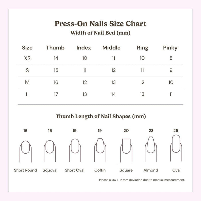 Eyecandys press-on nails size chart showing XS, S, M, L, and Custom sizing with nail measurements and a guide to help choose the best-fitting reusable press-on nails.