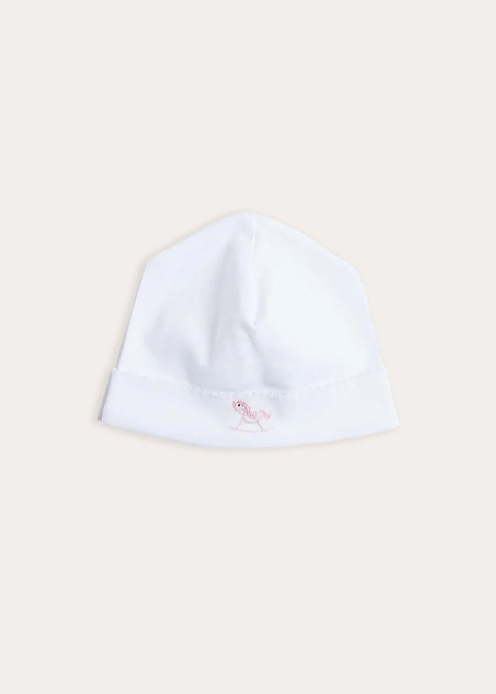 Newborn Bonnet with Rocking Horse Embroidery Pink (0-3mths) KNITTED ACCESSORIES from Pepa London