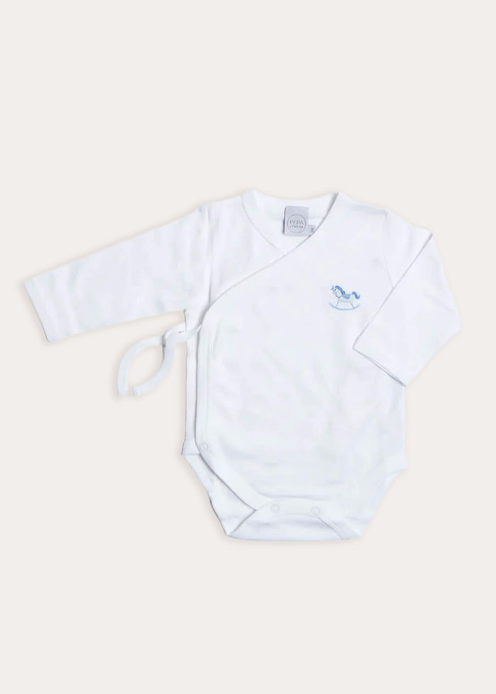 Newborn Side Tie Bodysuit With Rocking Horse Embroidery Blue (1-6mths) TOPS & BODYSUITS from Pepa London