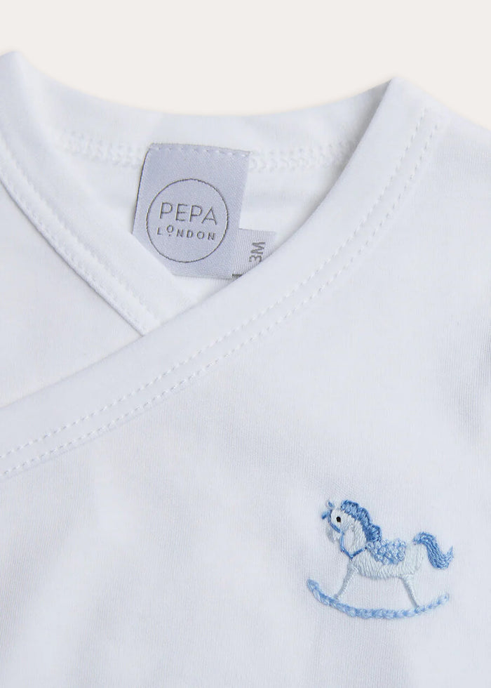 Newborn Side Tie Bodysuit With Rocking Horse Embroidery Blue (1-6mths) TOPS & BODYSUITS from Pepa London