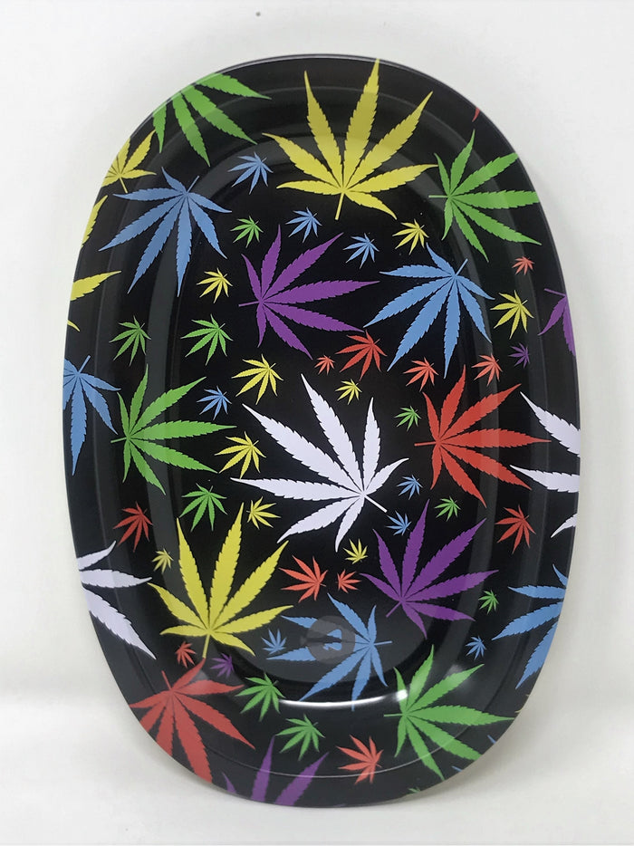 Oval Metal Tray 8"x 6" with Colorful Marijuana Leaves