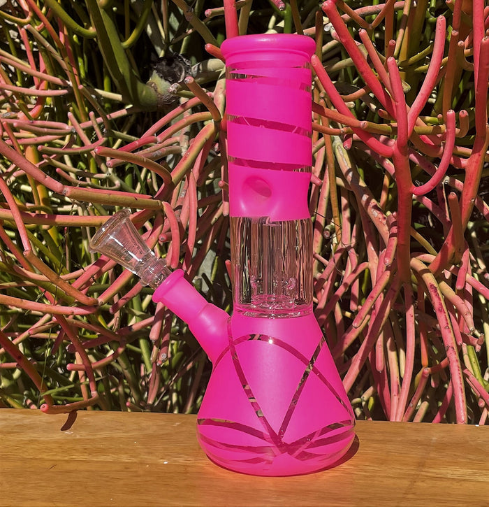 Pretty Pink Design 8" Beaker Bong Dome Perc Glass Slide in Stem w/Bowl