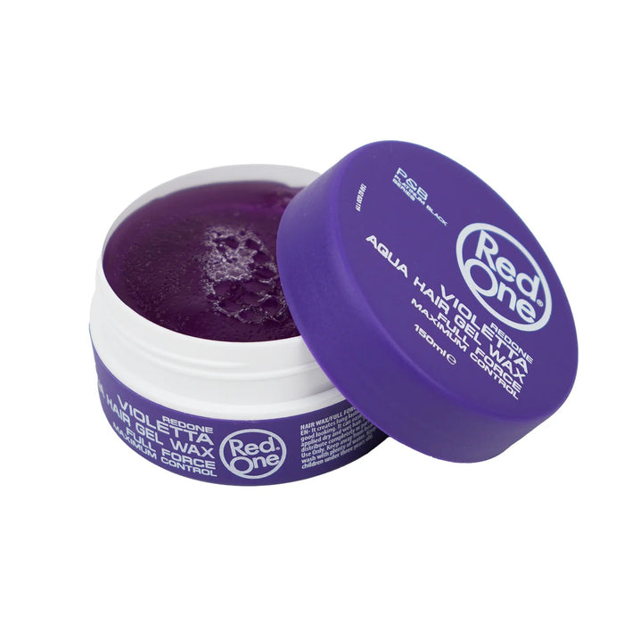 RedOne Aqua Gel Wax Violetta violet hair gel in open purple jar for styling flexible hold and glossy finish
