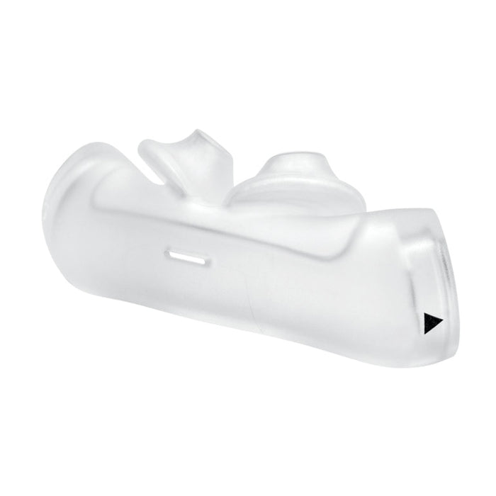 A silicone nasal pillow designed for use with CPAP/BiPAP masks, shown in a curved white shape with a cutout for the nose.