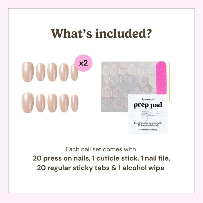 Eyecandys press-on nail kit contents including 20 reusable press-on nails, 20 adhesive sticky tabs, a nail file, a cuticle stick, and an alcohol wipe for easy at-home application.