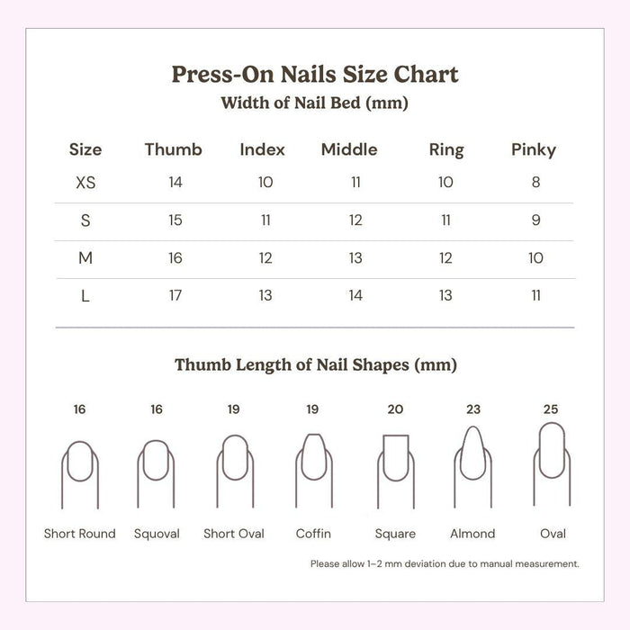 Eyecandys press-on nails size chart showing XS, S, M, L, and Custom sizing with nail measurements and a guide to help choose the best-fitting reusable press-on nails.