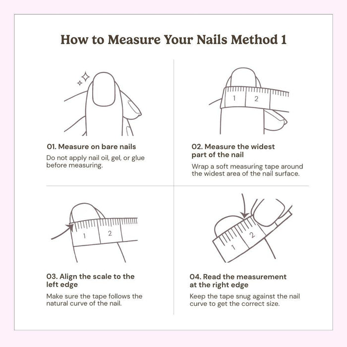 Illustrated guide showing how to measure your nails using the tape method by placing clear tape across the widest part of each nail, marking the edges, and measuring for the perfect Eyecandys press-on nail size.