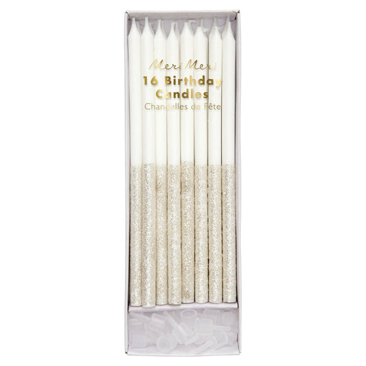 Set of 16 white candles with silver glitter dipped lower halves, in retail box