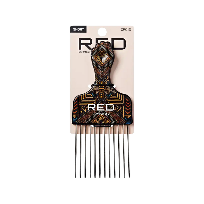 RED BEAUTY by KISS short decorative afro hair pick comb with geometric pattern and long metal teeth