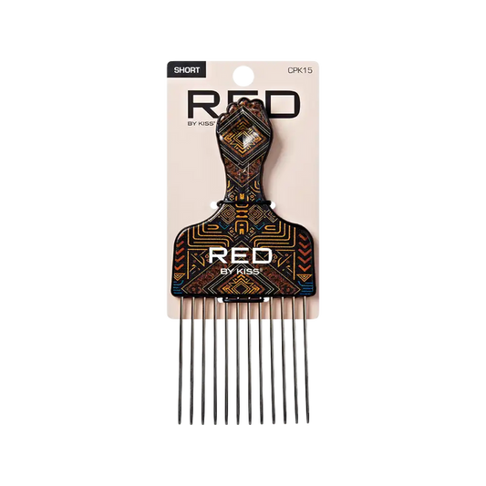 RED BEAUTY by KISS short decorative afro hair pick comb with geometric pattern and long metal teeth