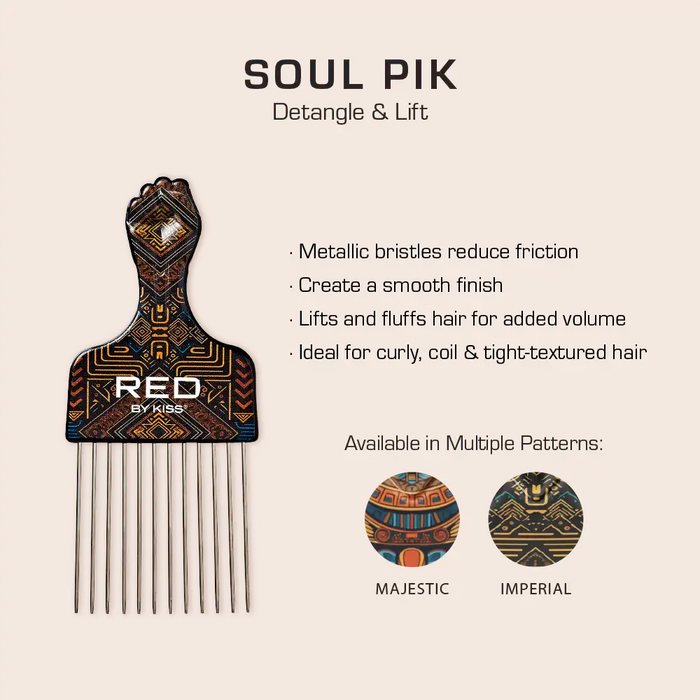 RED BEAUTY by KISS Soul Pik patterned handle afro hair pick comb with metal bristles for detangling and lift