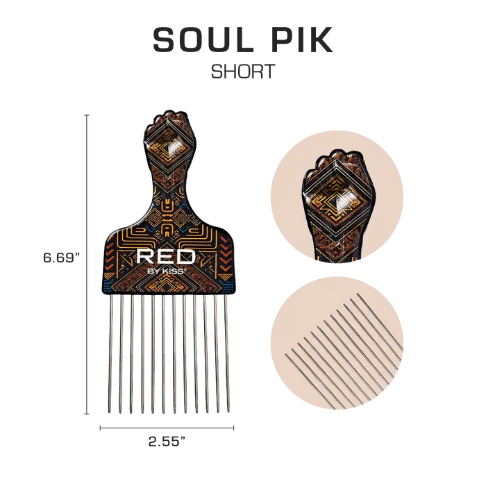 RED BEAUTY by KISS Soul Pik short decorative afro hair pick comb with metal long tines