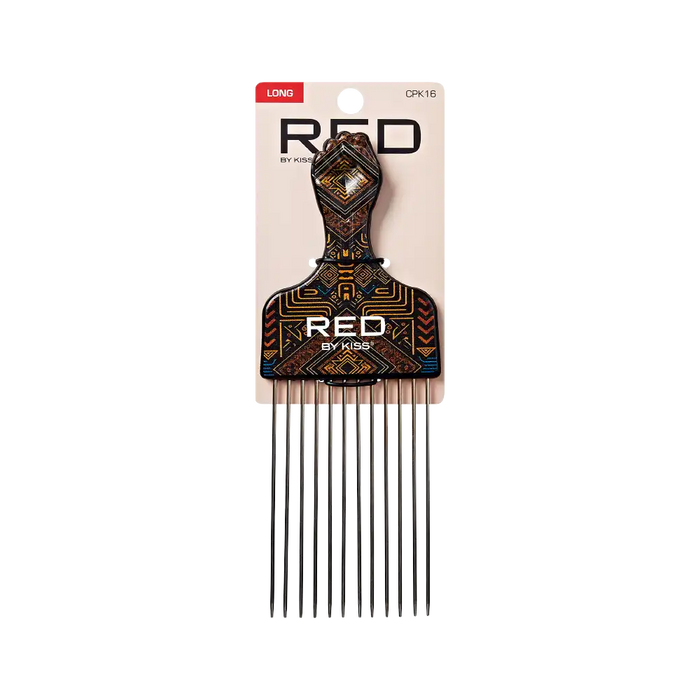 RED BEAUTY by KISS long afro pick comb with decorative tribal handle and long metal teeth for detangling