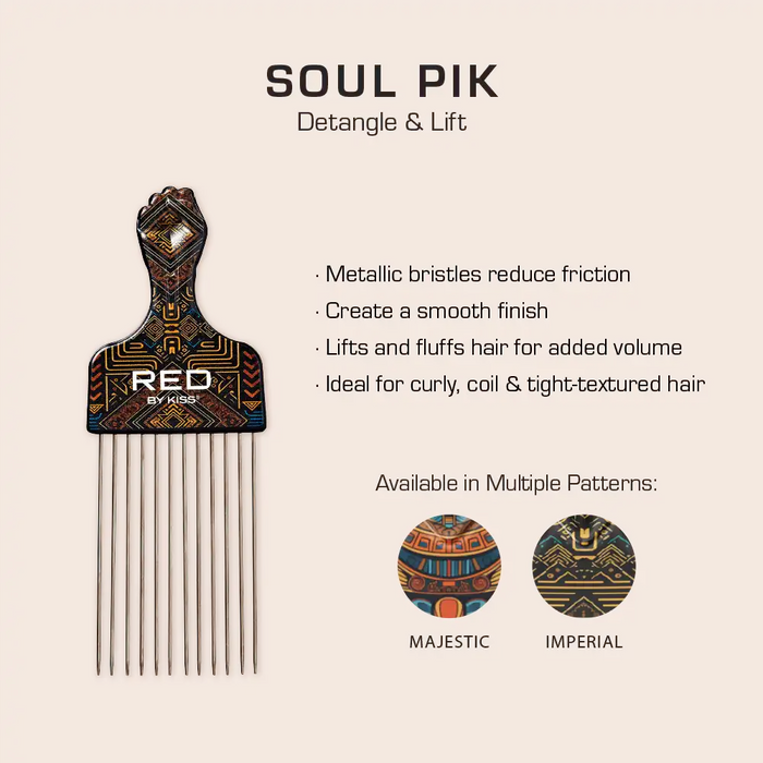 RED BEAUTY Soul Pik patterned handle long afro pick comb with metallic bristles for detangling and volume