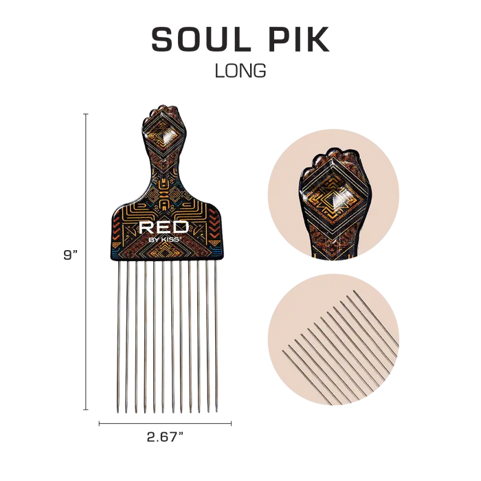 RED BEAUTY by KISS long afro pick comb with geometric patterned handle and stainless steel teeth