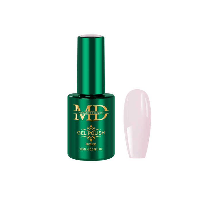 Green gel polish bottle with a pink nail tip color swatch on a white background