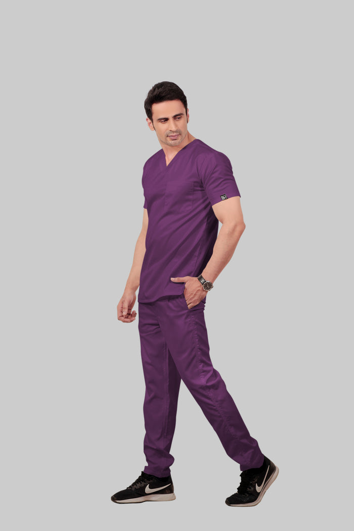 Stretchable (2Way) Men Purple V-Neck With Straight Pant Scrub Set