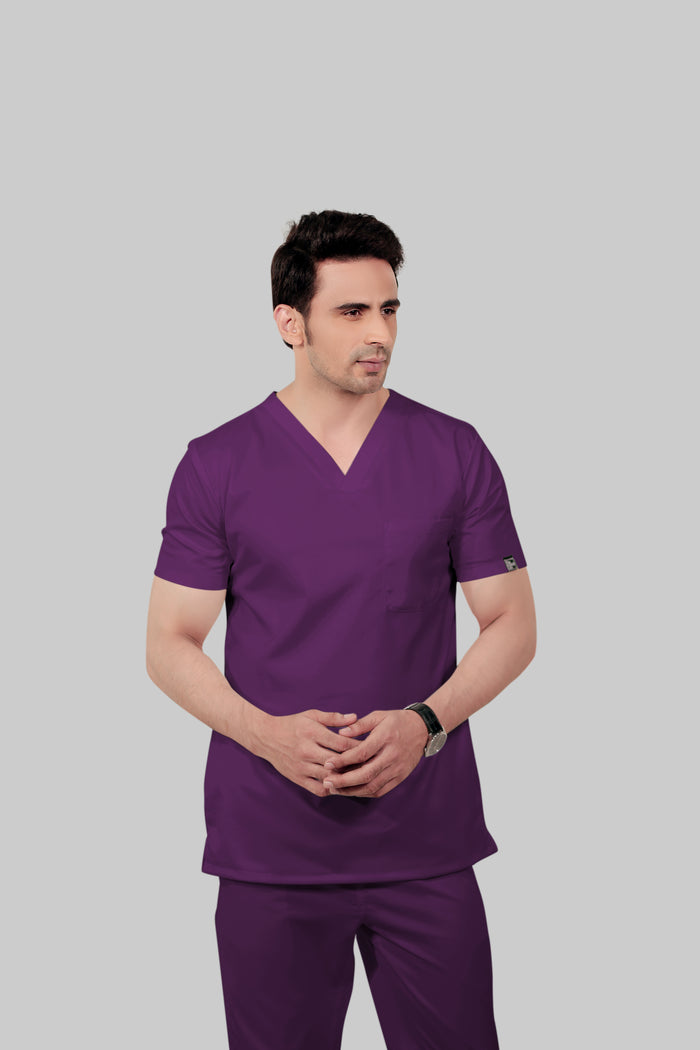 Stretchable (2Way) Men Purple V-Neck With Straight Pant Scrub Set