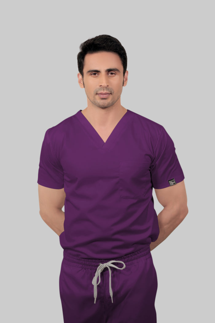 Stretchable (2Way) Men Purple V-Neck With Straight Pant Scrub Set