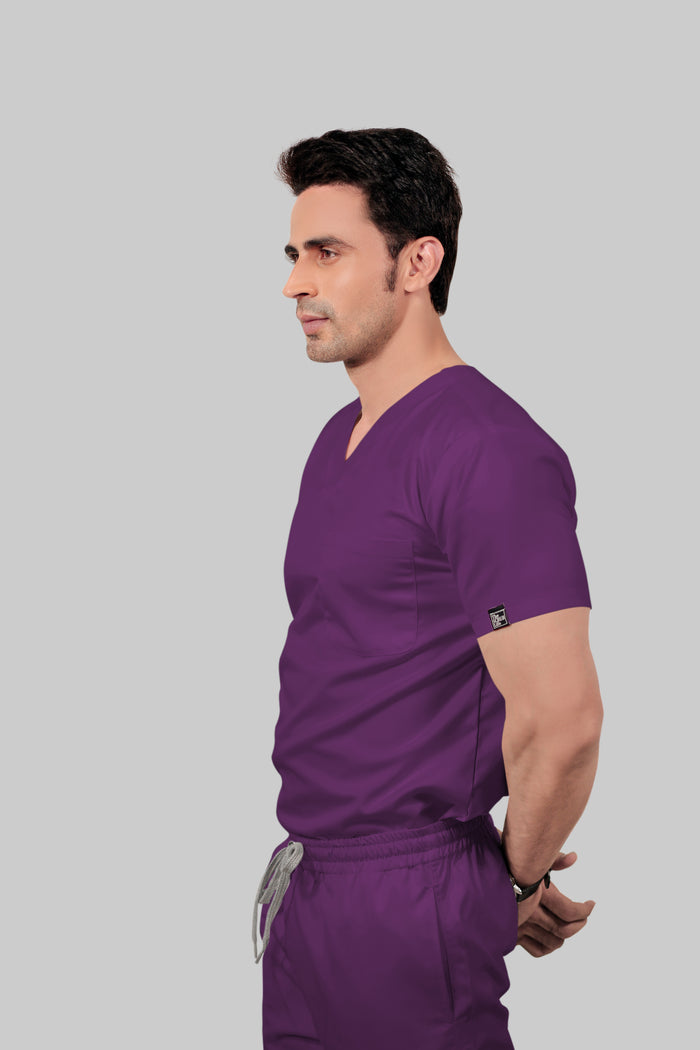 Stretchable (2Way) Men Purple V-Neck With Straight Pant Scrub Set