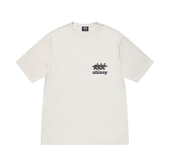Stüssy Surfwalk T-shirt Dyed with Natural Pigment – unisex natural pigment-dyed cotton t-shirt, vintage wash texture, bold "Surfwalk" graphic print on front, ribbed crew neck, short sleeves, soft breathable fabric, casual streetwear and skatewear essential