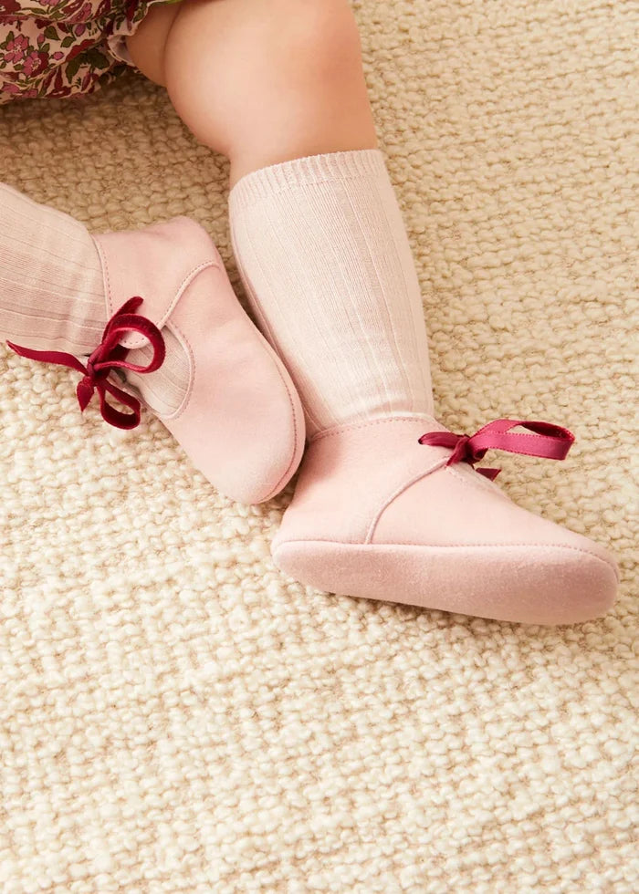 Suede Pink Baby Pram Shoes with Velvet Ribbon (17-20EU) SHOES from Pepa London