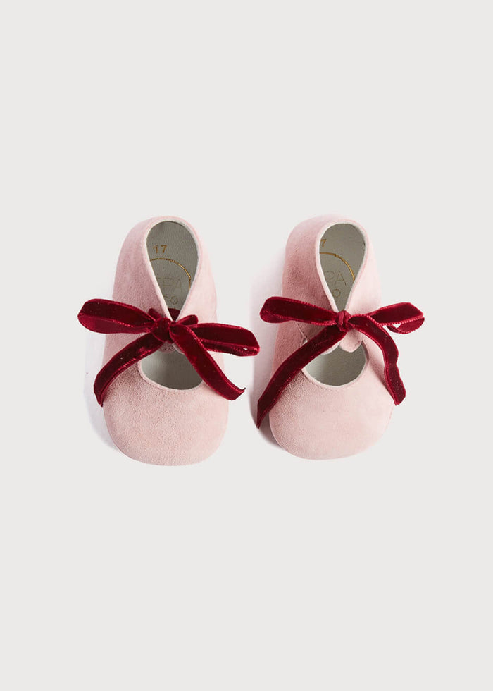Suede Pink Baby Pram Shoes with Velvet Ribbon (17-20EU) SHOES from Pepa London