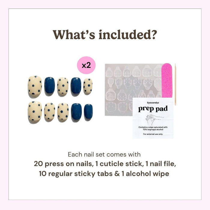 Reusable press on nails kit by EyeCandys including 20 nails, nail file, cuticle stick, alcohol wipe, and 10 sticky tabs for secure application.
