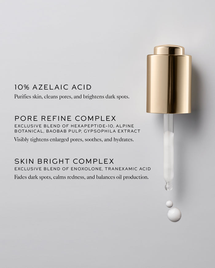 Skincare dropper with text detailing ingredients on a light gray background