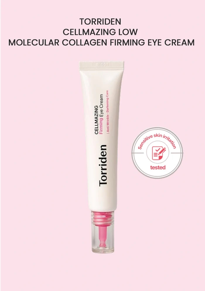 Torriden Cellmazing Low Molecular Collagen Firming Eye Cream on a pink background