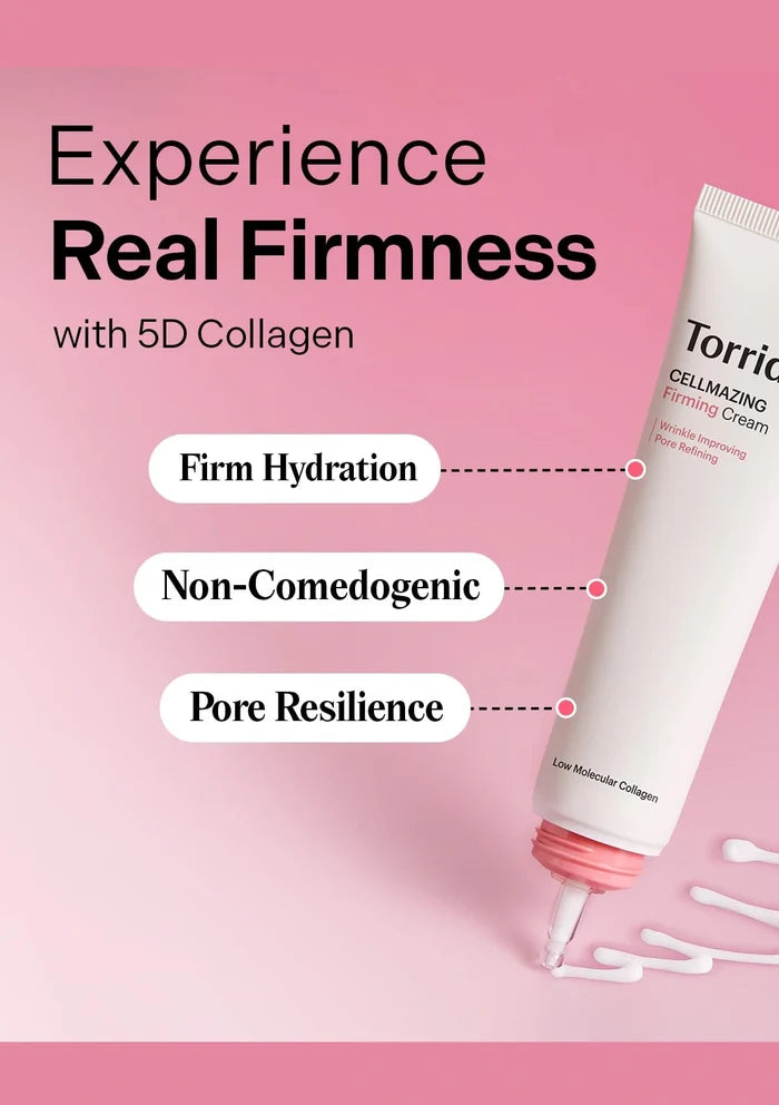 Tortuga CellMazing Firming Cream tube on a pink background with text about 5D Collagen benefits.