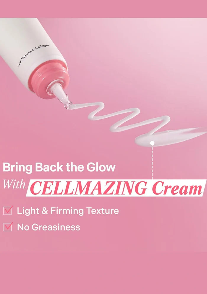 Cellmazing cream being applied with a pump on a pink background